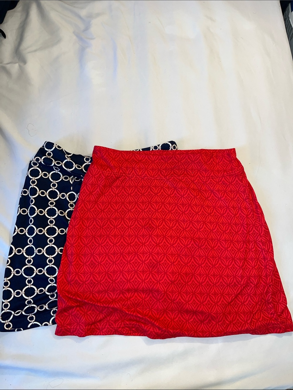Navy Chain-Link and Red Geometric A-Line Skirt